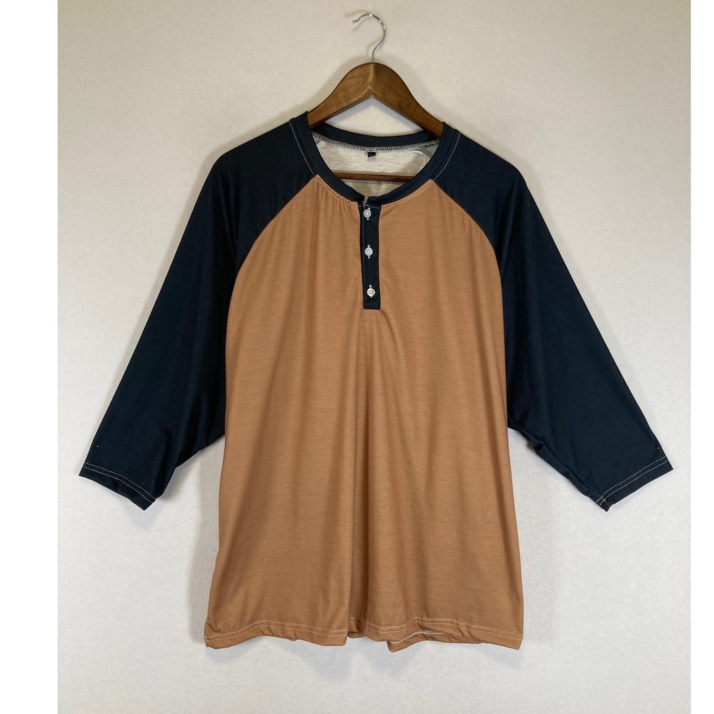 Casual Earthcore Unbranded Mens 2XL Tan Navy Raglan 3/4 Sleeve Henley Shirt